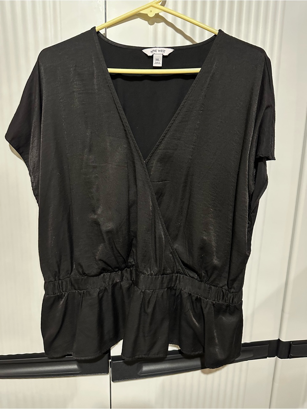 Nine West Black Faux-Wrap Peplum Blouse